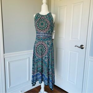 London Times Printed Fit and Flare Asymmetrical Hem Dress. Size 2